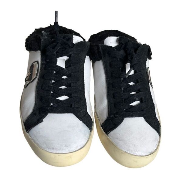 KARL LAGERFELD Slip On Sneakers Mules White Black Sherpa Edge Lace Up Size 8.5 - Picture 2 of 8